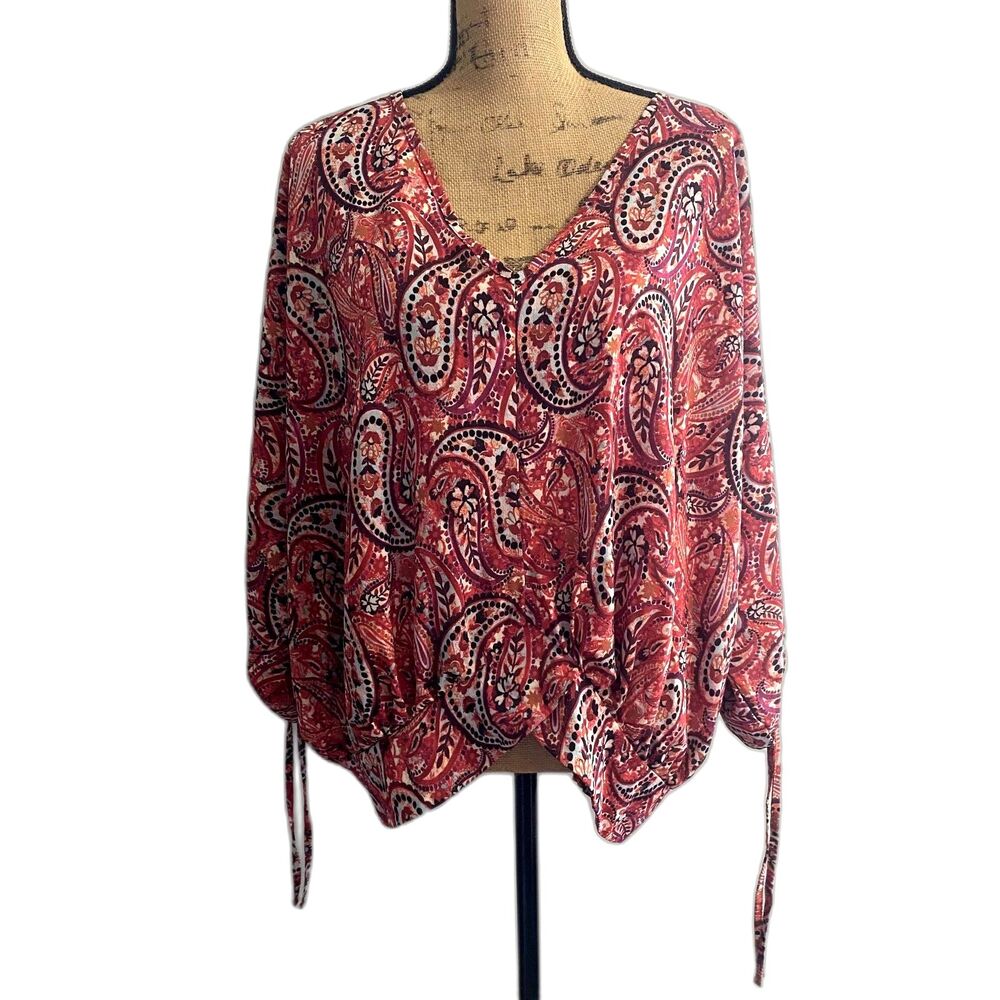 Milan Kiss Paisley Print V-Neck Blouse‎ Oversized Dolman Sleeve Bohemian Size XL